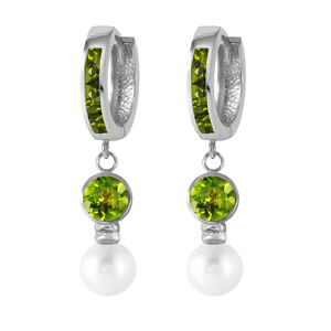 14K. SOLID GOLD HUGGIE EARRING WITH PEARLS & PERIDOTS (White gold)